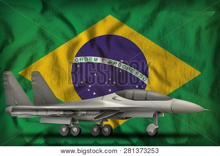 Fighter, Interceptor On The Brazil Flag Background. 3d Illustration