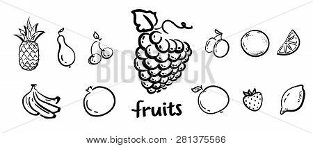 Set Vector Icons Fruit. Collection Modern Infographic Logo, Pictogram. Black White Hand Drawind Sket