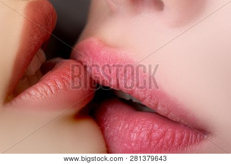 Lesbian Lips. Gomosexual Couple Close Up. Moth Of Two Woman, Girl Relationships.