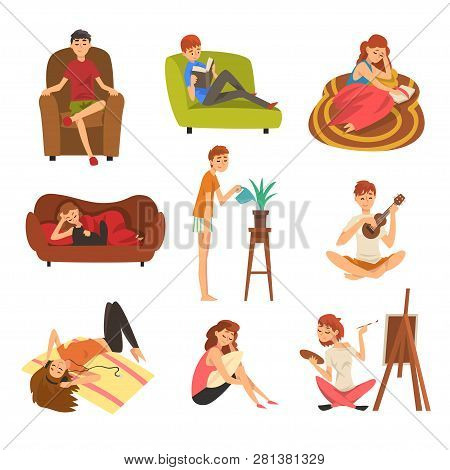 People Spending Weekend At Home And Relaxing Set, Man And Woman Reading Books, Lying, Dreaming, Rest