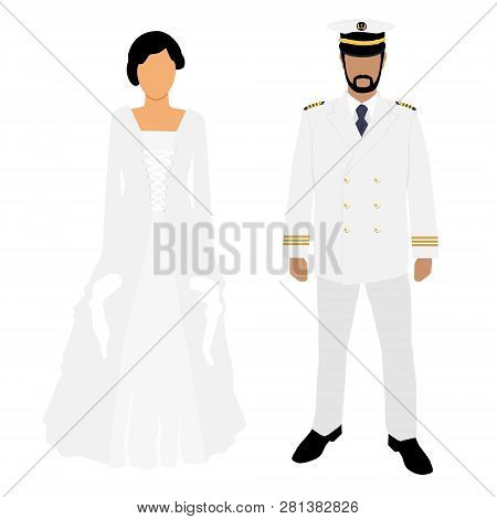 Woman In White Wedding Dress And Man Captain In White Uniform