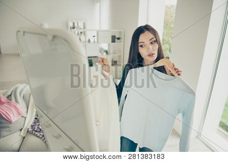 Pretty Beautiful Attractive Charming Lovely Cute She Her Lady Trying Fresh Modern Apparel Holding Tw