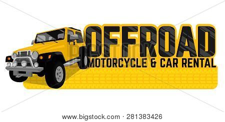 Off Road Car And Motorcycle Rental Banner In Modern Style. Horizontal Vector Illustration Useful For