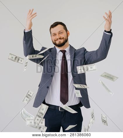 Businessman In Suit Portrait. Scattering Money Notes Dollars In Business Profit Style Concept
