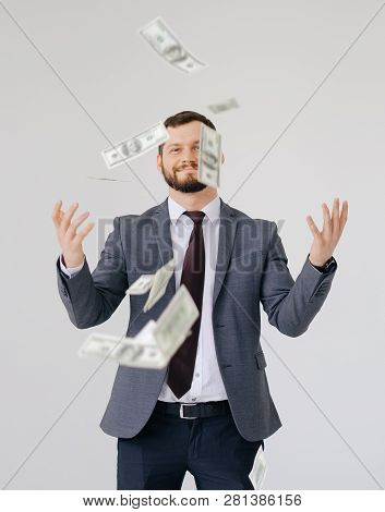 Businessman In Suit Portrait. Scattering Money Notes Dollars In Business Profit Style Concept