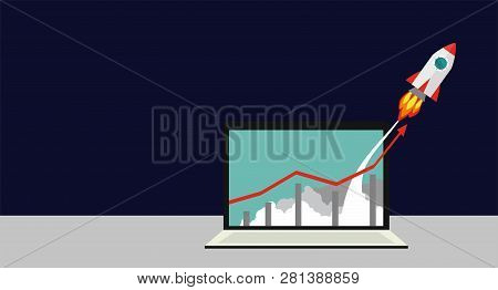 Successful Startup Business Concept. Vector Illustration With Rocket Launch And Laptop On The Backgr