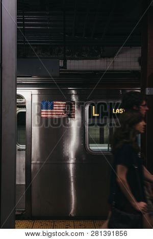 New York, Usa - June 2, 2018: Last Stop Announcement On L Line Train In New York, Usa, People Walkin