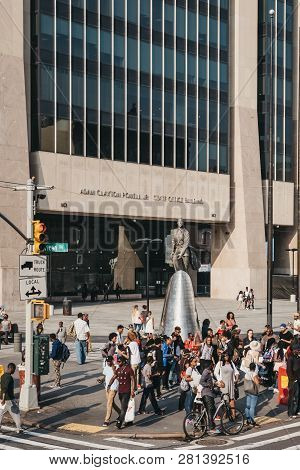 New York, Usa - June 01, 2018: People By The Statue Of Adam Clayton Powell Jr. In Harlem, Nyc. Since