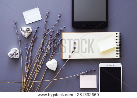 Blank Noteboook, Gadgets And Lavender Flowers Flatlay