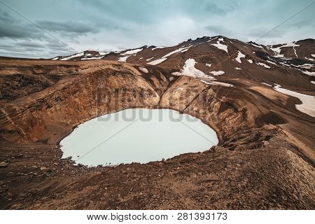 Viti Sulfur Blue Lake In Caldera Of Askja Volcano Crater In Iceland, Travel North Landscape. Panoram