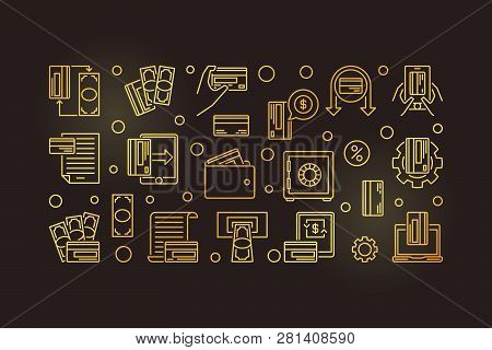 E-payment Outline Golden Horizontal Banner. Vector Online Banking Epayments Concept Illustration In 