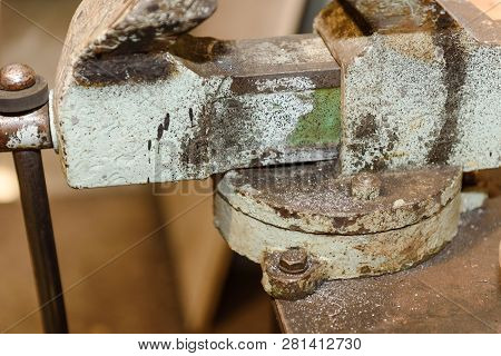 Metal Vise Closeup. Industrial Tools. Compress Parts On The Tool.