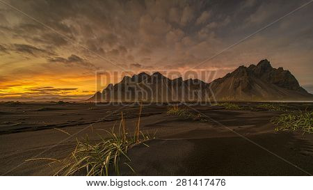 Sunset At Vestrahorn, A 454 Metre Tall Scree Mountain, Mainly Made Up Of Gabbro And Granophyre Rocks