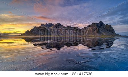 Sunset At Vestrahorn, A 454 Metre Tall Scree Mountain, Mainly Made Up Of Gabbro And Granophyre Rocks