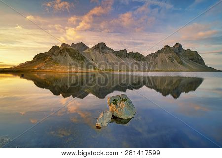 Sunset At Vestrahorn, A 454 Metre Tall Scree Mountain, Mainly Made Up Of Gabbro And Granophyre Rocks