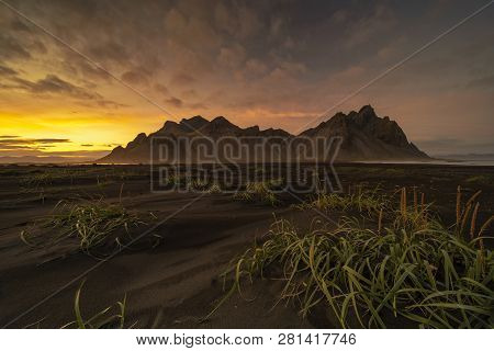 Sunset At Vestrahorn, A 454 Metre Tall Scree Mountain, Mainly Made Up Of Gabbro And Granophyre Rocks