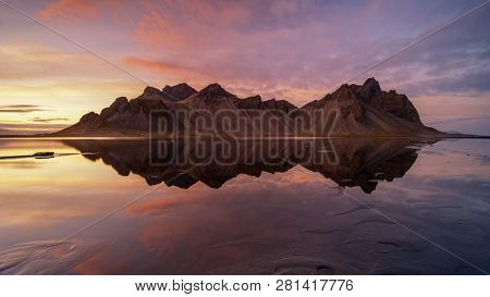 Sunset At Vestrahorn, A 454 Metre Tall Scree Mountain, Mainly Made Up Of Gabbro And Granophyre Rocks