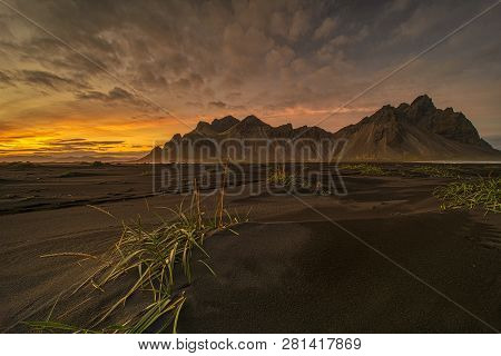 Sunset At Vestrahorn, A 454 Metre Tall Scree Mountain, Mainly Made Up Of Gabbro And Granophyre Rocks
