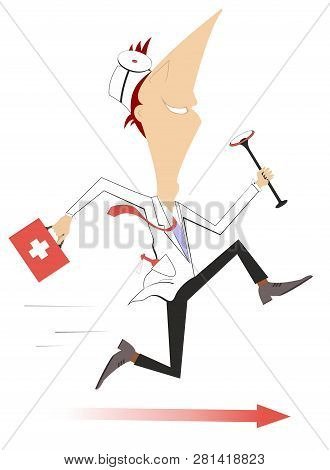 Smiling Doctor Runs To Render The Medical Aid Illustration. Cartoon Hurry Doctor With A Doctor Bag A