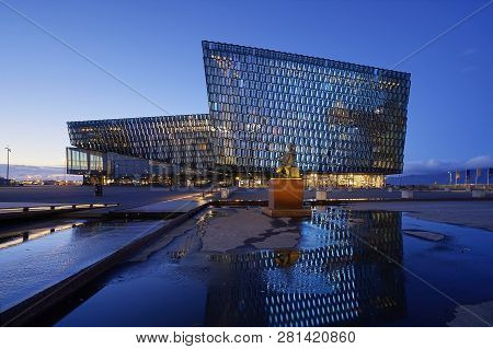 Reykjavik, Iceland - March 23: Twilight Scene Of Harpa Concert Hall In Reykjavik, Iceland On Septemb