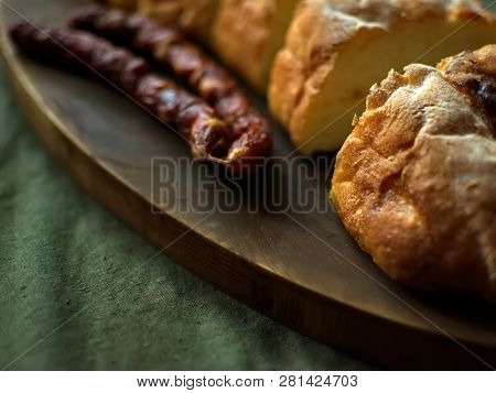 Ciabatta.ciabatta Bread With Sausage. Homemade Italian Ciabatta Bread Top View. Bread With Cheese.