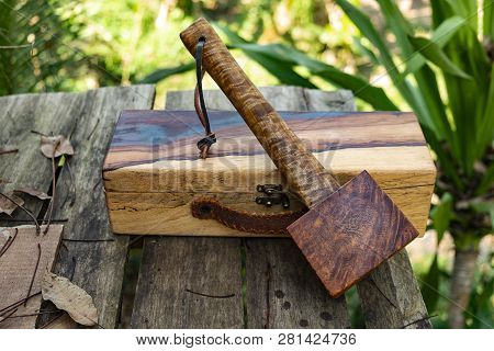 Mallet Hammer Made Of Burl Wood Tools For Used By Carpenter In Workshop On Isolated Blurred Backgrou