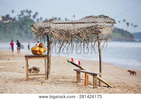 Stall With Coconut Against Beach With Surfers. Matara, Sri Lanka