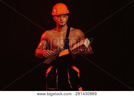 Our Reputation Is As Solid As Concrete. Muscular Man Does Masonry Work. Bricklayer Worker. Construct