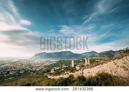 Terracina, Italy. Top View Of Old Roman Fortress Wall With Towers.