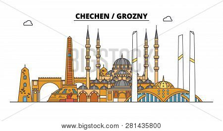 Russia, Chechen, Grozny. City Skyline: Architecture, Buildings, Streets, Silhouette, Landscape, Pano