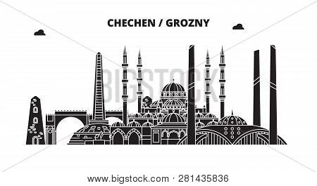 Russia, Chechen, Grozny. City Skyline: Architecture, Buildings, Streets, Silhouette, Landscape, Pano