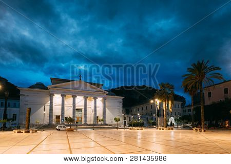 Terracina, Italy. Church Ss. Salvatore In Evening Or Night Illuminations