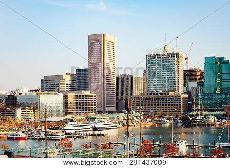 Inner Harbor Marina And Baltimore Skyline, Usa