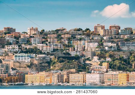 Naples, Italy. Residential Area In Mergellina District. Hilly Cityscape In Summer Sunny Day Under Bl