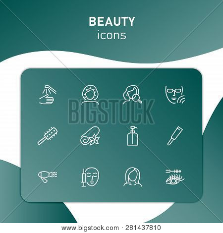 Beauty Icons. Set Of Line Icons On White Background. Electric Fan, Perfume, Meso Therapy. Cosmetolog