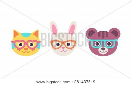 Cat Hare, Bear Faces With Glasses. Vector. Cute Animal Head. Cartoon Kitten, Bunny, Bear Character S