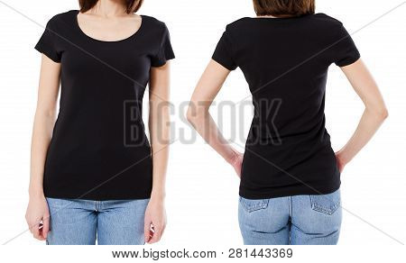 Young Woman In Black Shirt On White Background - Cropped Image