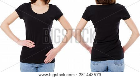 Brunette Woman In Black V-neck T-shirt Blank Empty Isolated