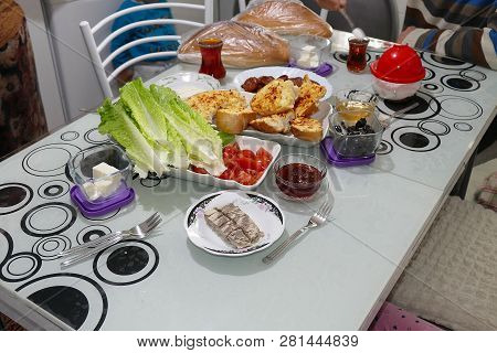 Morning Breakfast, Breakfast Table Ready. Turkish Breakfast Table, Turkish Breakfast Foods At The Br