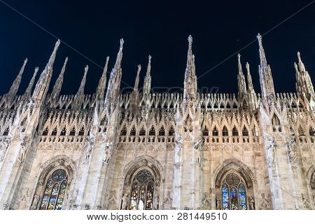 Beautiful Catholic Church Duomo Di Milano Illuminated At Night From Italy
