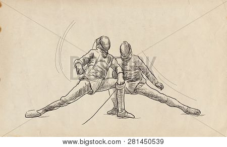 Competitive Fencing - Two Sportmen, Athletes In A Match. An Hand Drawn Illustration. Freehand Sketch