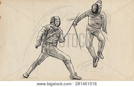 Competitive Fencing - Two Sportmen, Athletes In A Match. An Hand Drawn Illustration. Freehand Sketch