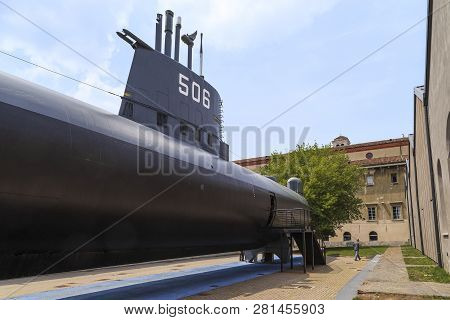Milan, Italy - May 19, 2018: This Is The Submarine Enrico Toti, Which Can Be Visited In The Museum O