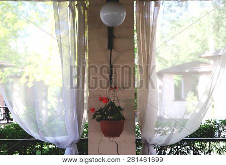 Summer Restaurant Terrace Or Veranda Interior With Open Space. Grass Decor And Garden View.