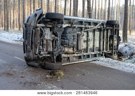 Podlesie, Pomorskie / Poland - January, 30, 2019: A Road Accident Of A Delivery Vehicle On An Icy Ro