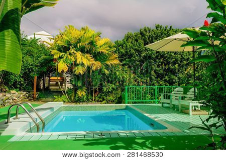 Kingstown Hill, Jamaica, Dec 2018, Swimming Pool At The Strawberry Hill Hotel In The Blue Mountains