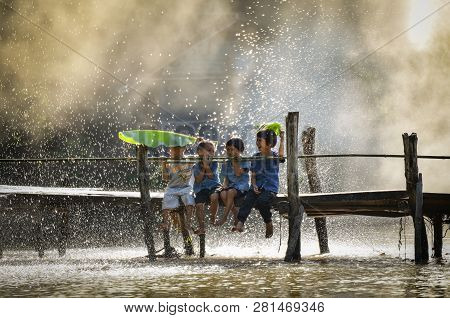 Sakon Nakhon Thailand - July 31 2018 : Asia Child Laugh / The Boy Friend Happy Funny Laughing And Sm