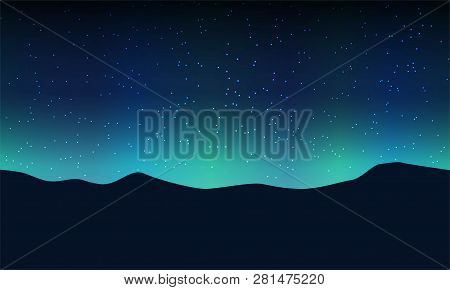 Aurora Light And Star On Sky In Mountain. Vector Drawing