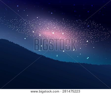 Galaxy And Star On Sky In Mountain. Vector Illustration.