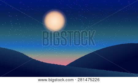 Star And Moon On Sky In Mountain. Vector Illustration.